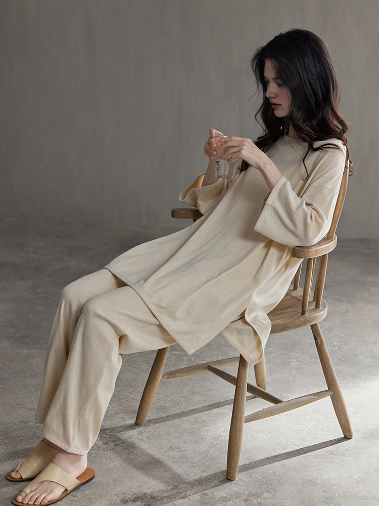 0105 minimalist style Half sleeves beige matching pajama set