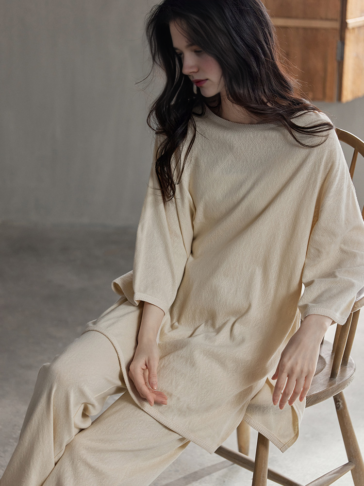 0105 minimalist style Half sleeves beige matching pajama set