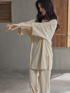 0105 minimalist style Half sleeves beige matching pajama set