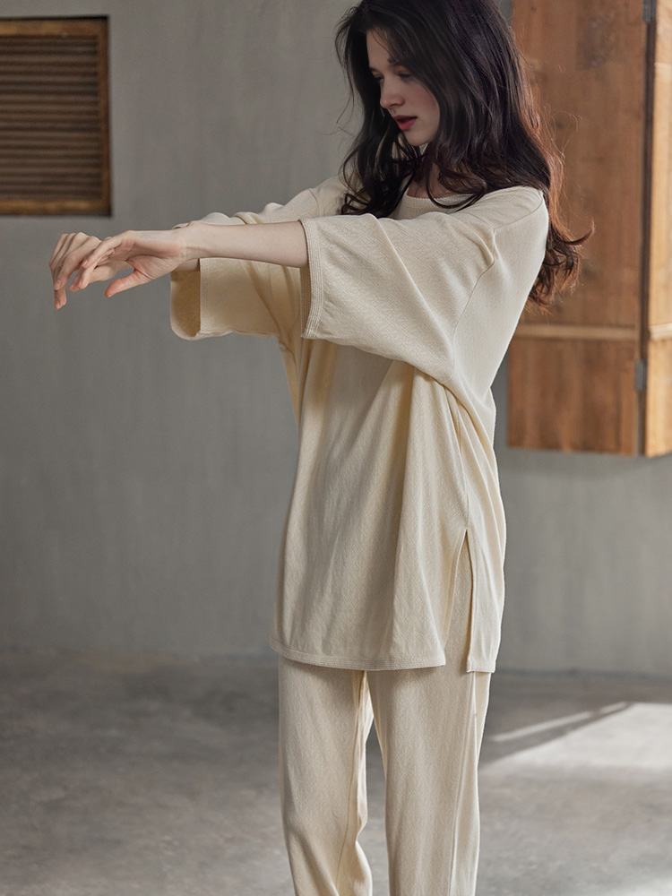 0105 minimalist style Half sleeves beige matching pajama set