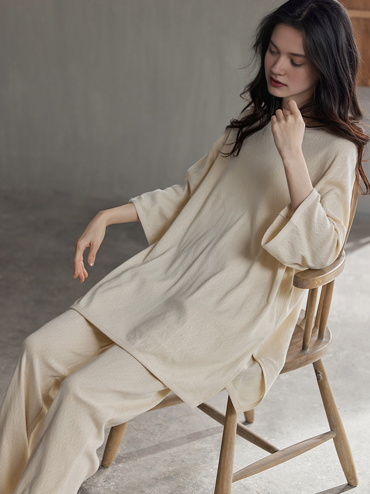0105 minimalist style Half sleeves beige matching pajama set