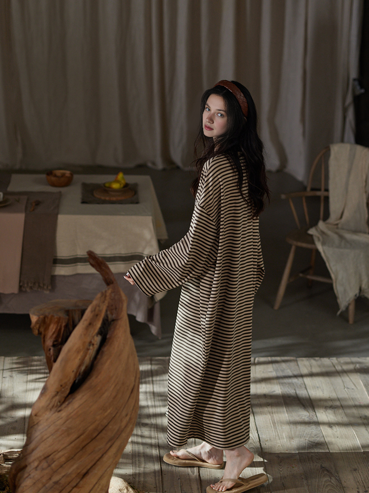0106 yellow black striped pajama dress