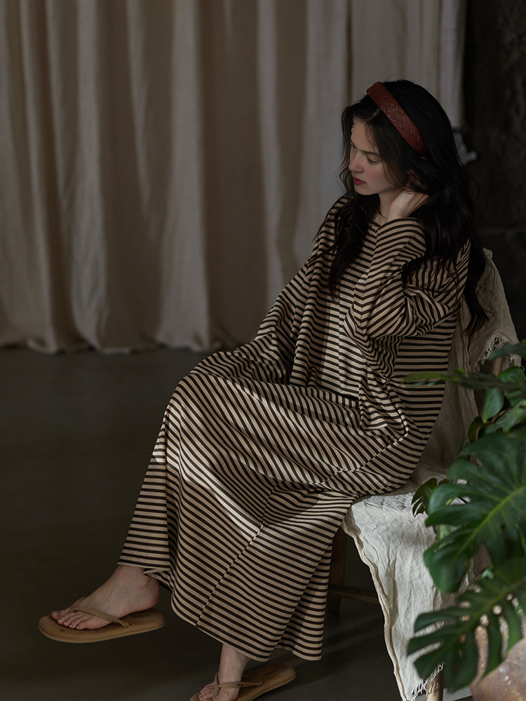 0106 yellow black striped pajama dress