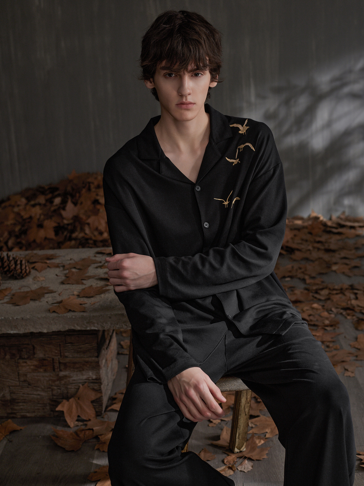 Men's black cotton pajamas with eagle