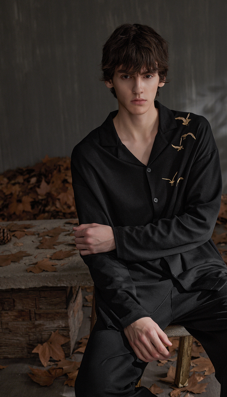 Men's black cotton pajamas with eagle