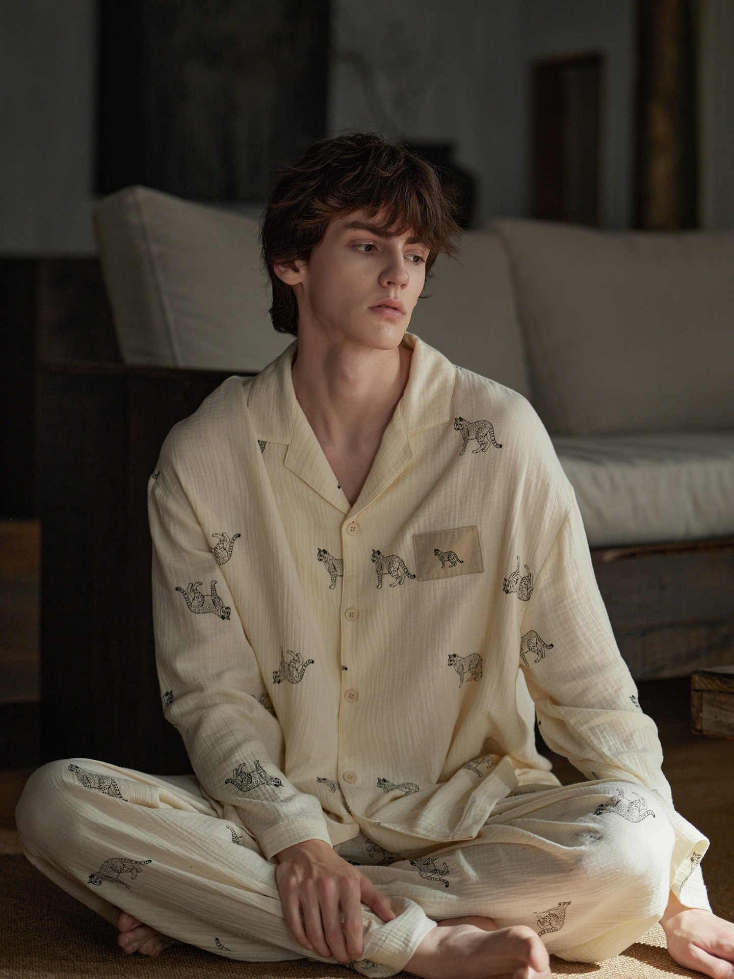 mens pajama set  cotton with Lynx cat