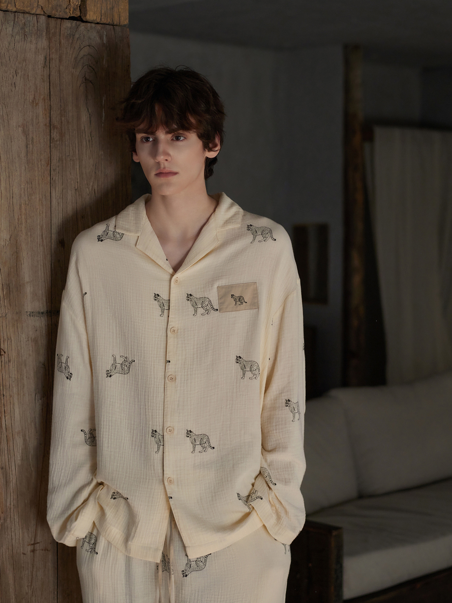 mens pajama set  cotton with Lynx cat