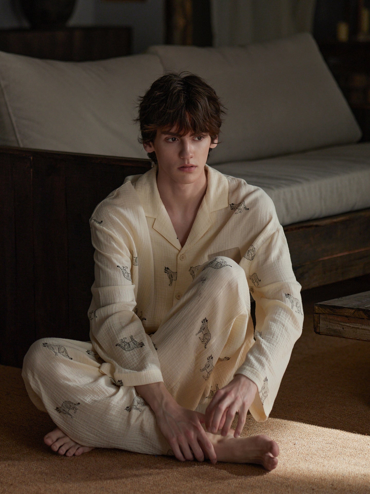 mens pajama set  cotton with Lynx cat